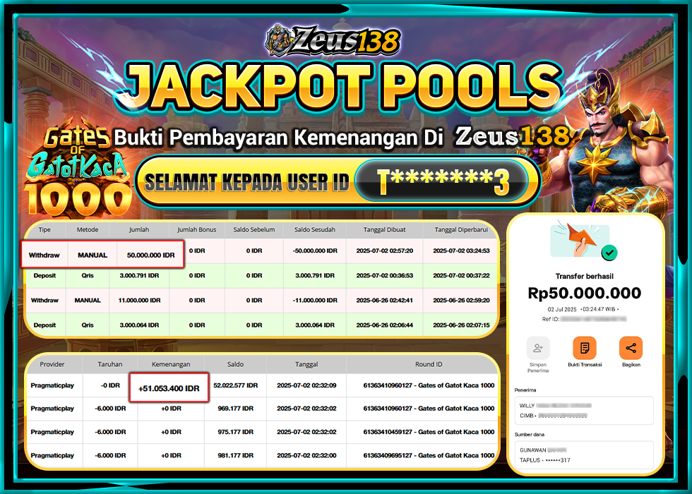 ZEUS138 GATES OF GATOTKACA 1000 Rp.50.000.000, - LUNAS