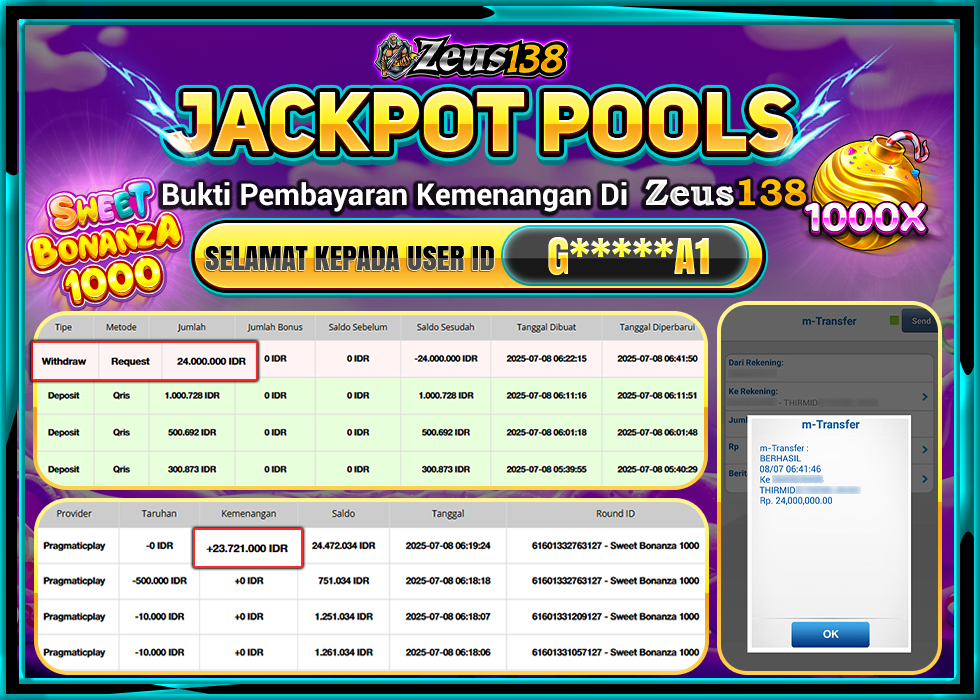 ZEUS138 SWEET BONANZA 1000 Rp.24.000.000, - LUNAS
