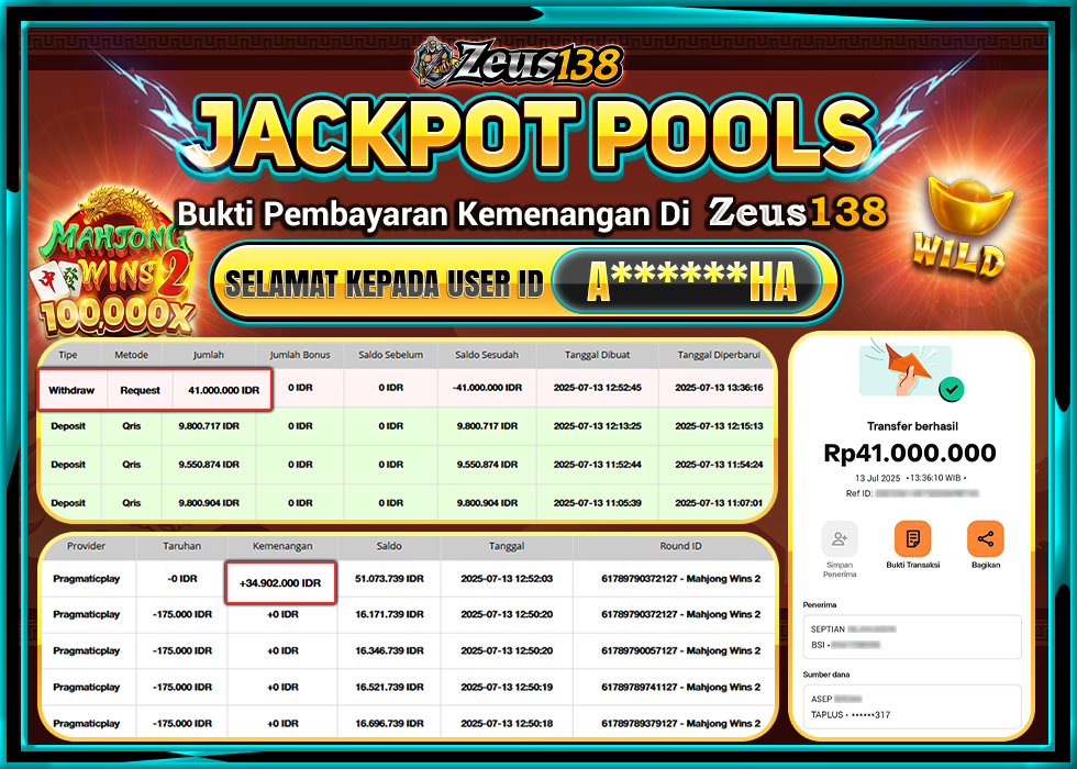 ZEUS138 MAHJONG WINS 2 Rp.41.000.000, - LUNAS
