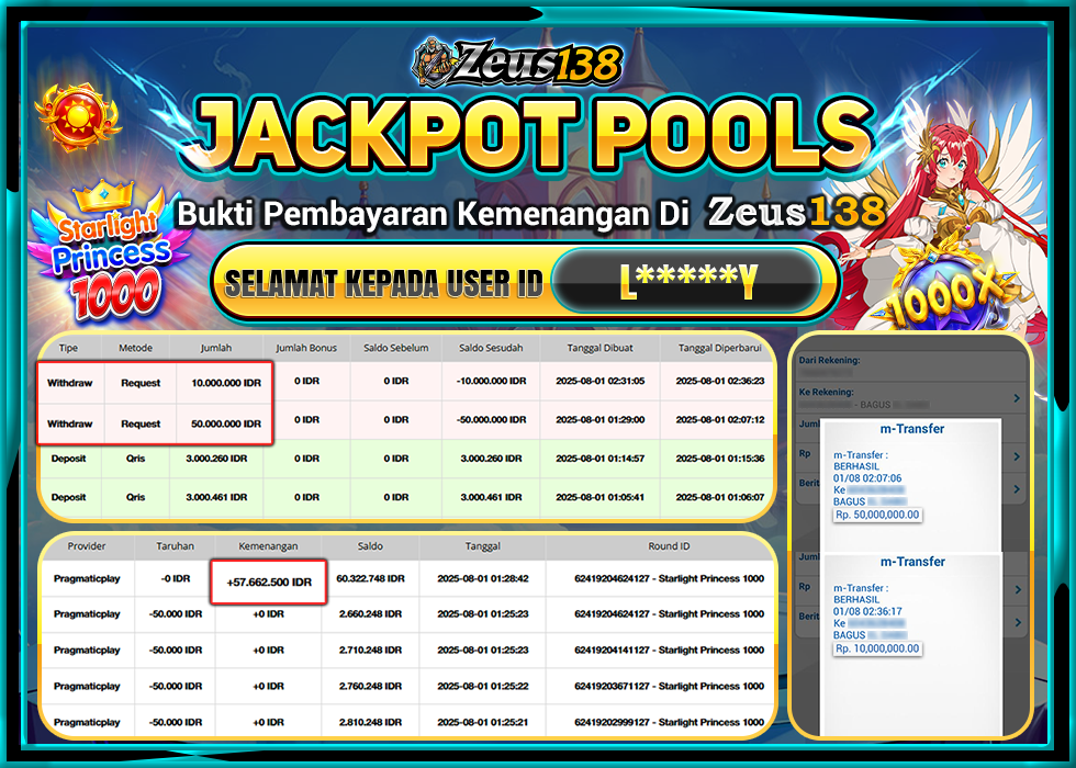 ZEUS138 STARLIGHT PRINCESS 1000 Rp.60.000.000,- LUNAS