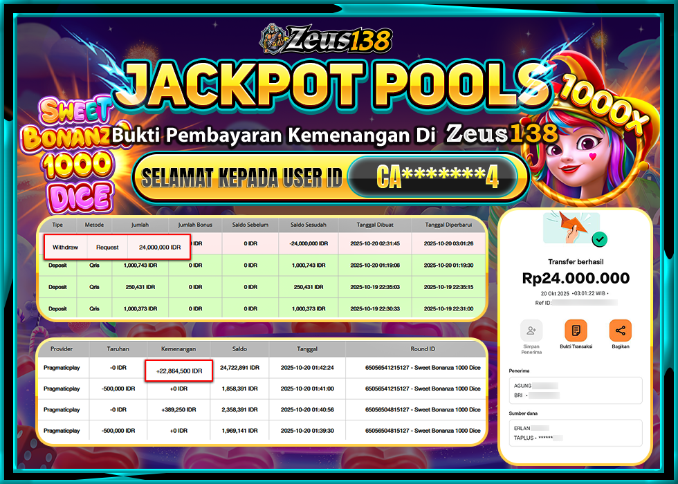 ZEUS138 SWEET BONANZA 1000 DICE Rp 24.000.000 - LUNAS